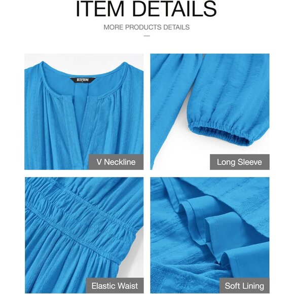 Women Brilliant Blue Long Sleeve V Neck Elastic Waist Maxi Dress With Pockets - Picture 4 of 8
